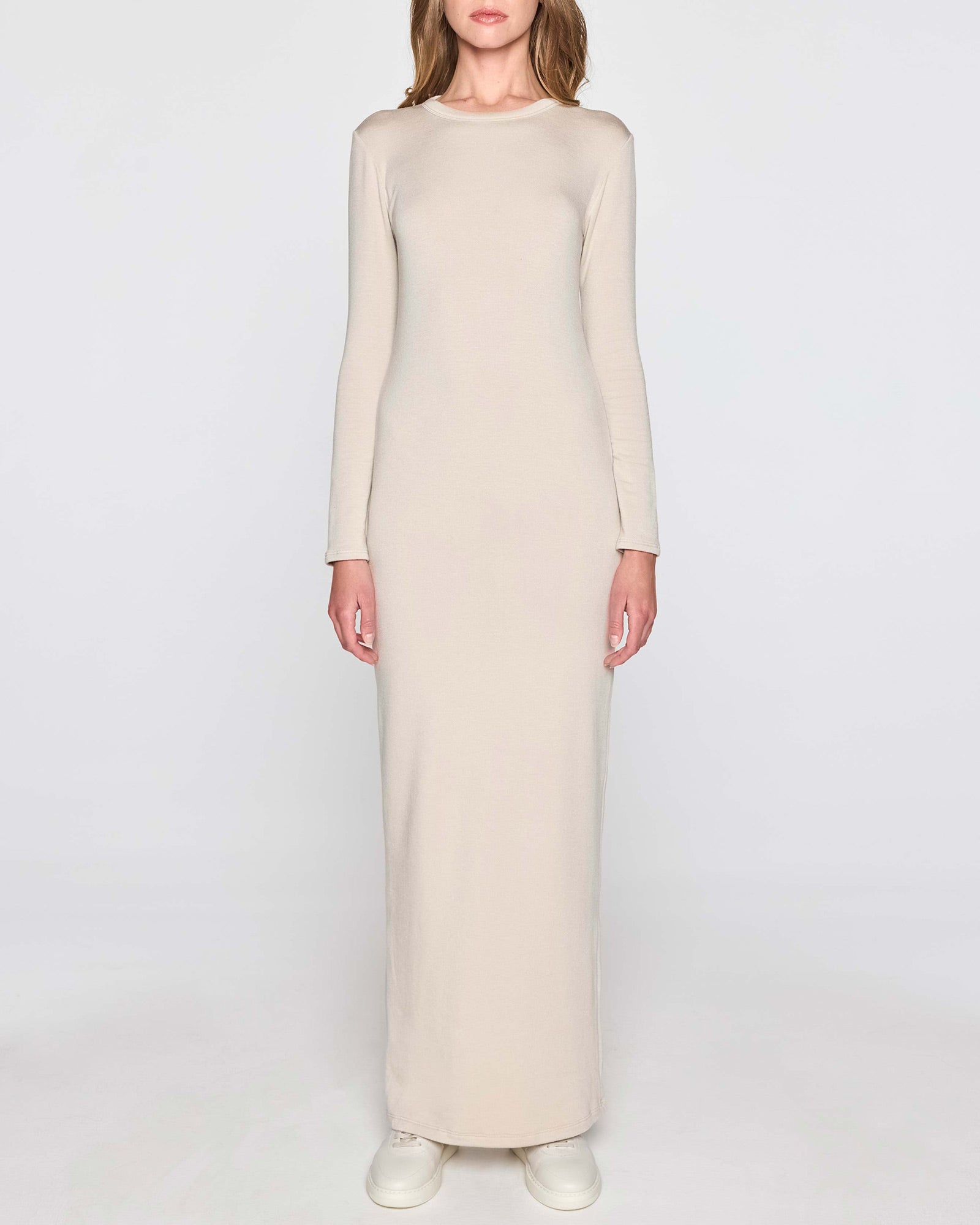 Stone | Long Sleeve Crew Dress Front