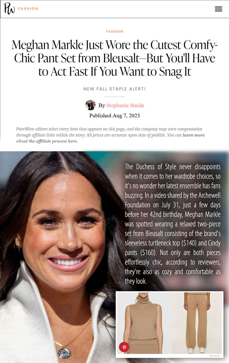 Meghan Markle Just Wore the Cutest Comfy-Chic Pant Set from Bleusalt—But You'll Have to Act Fast If You Want to Snag It