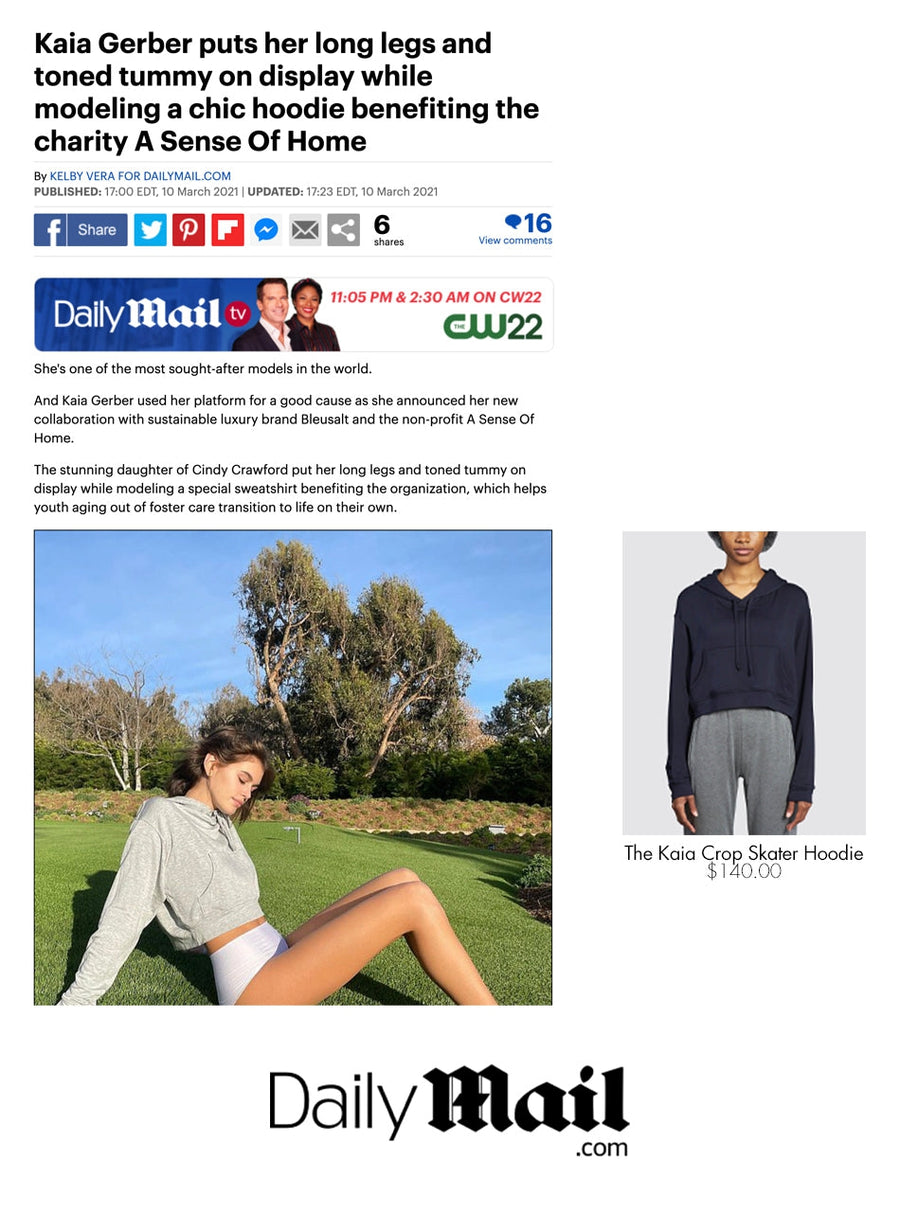 Kaia Gerber puts her long legs and toned tummy on display while modeling a chic hoodie benefiting the charity A Sense Of Home-Bleusalt